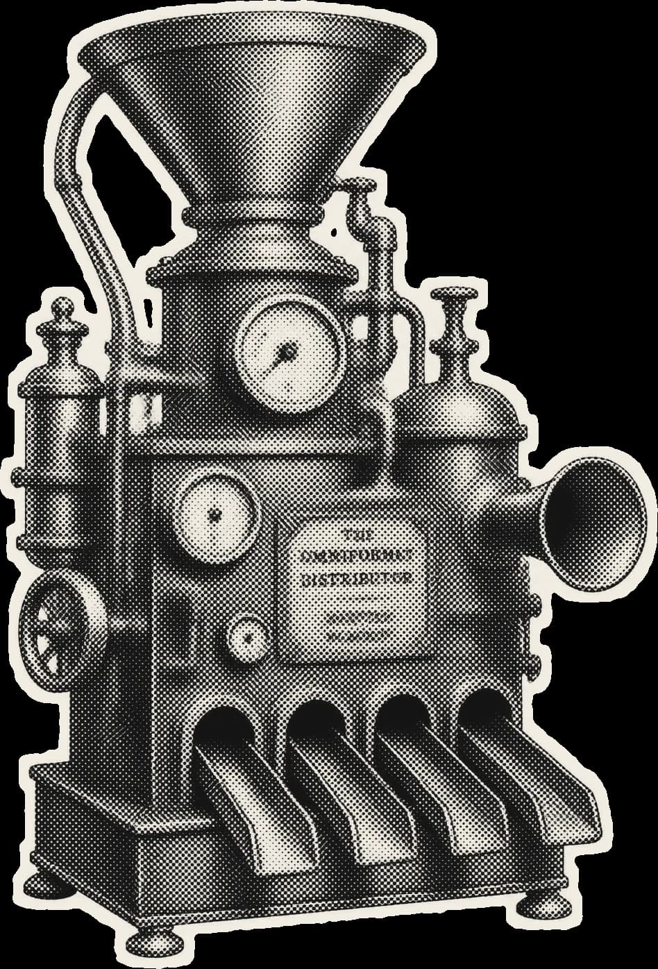 Collage illustration: an antique machine with a hopper, gauges and output chutes